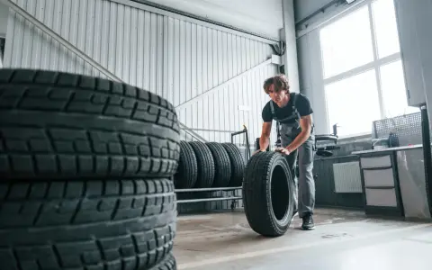 Mechanik w warsztacie przygotowuje opony zimowe przy 20 stopniach. Stosy opon czekają na wymianę.