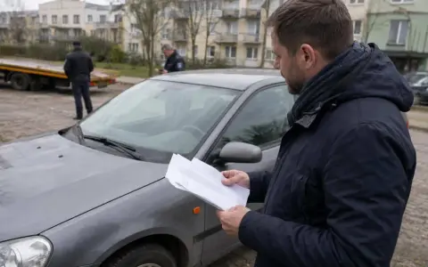 Mężczyzna czyta dokumenty przy samochodzie, zastanawiając się, jak odzyskać dowód rejestracyjny zatrzymany elektronicznie. W tle widać lawetę i policjantów.