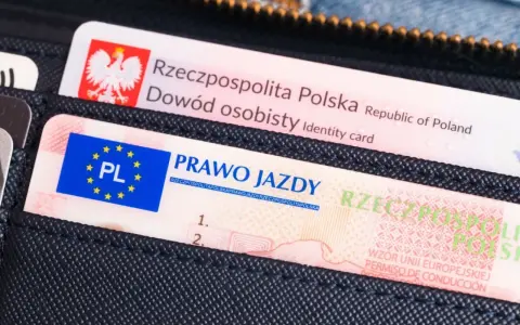 Polskie prawo jazdy i dowód osobisty w portfelu. Numer prawa jazdy jest widoczny na dokumencie z flagą UE.