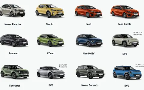 Różnorodne segmenty samochodów: od miejskich Picanto, przez crossovery Stonic, XCeed, Niro PHEV, Sportage, po elektryczne EV3, EV6, EV9 i kombi Ceed.