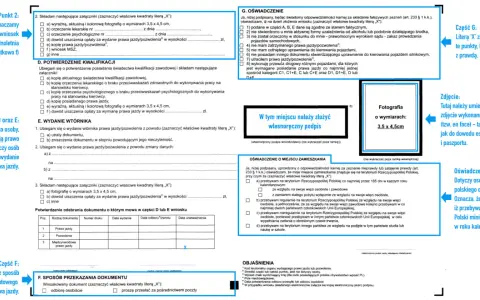 Formularz wniosku o wydanie prawa jazdy, zawiera sekcje dotyczące danych osobowych, potwierdzenia kwalifikacji, wydania wtórnika, oświadczenia o miejscu zamieszkania i odbioru dokumentu. Wymagane jest zdjęcie.