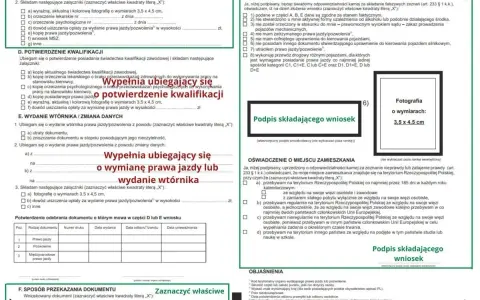 Wniosek o PKK online: zdjęcie dokumentu z polami do wypełnienia, w tym miejsca na fotografię i dane osobowe.