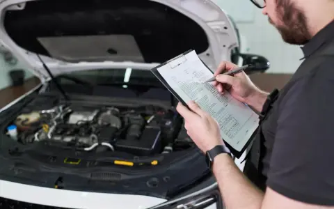 Mechanik sprawdza listę kontrolną przed przeglądem samochodu, zastanawiając się, ile kosztuje przegląd.