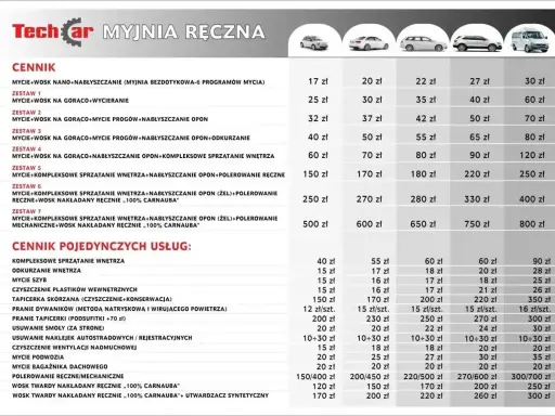 Cennik myjni automatycznej Techcar: od 17 zł za mycie z woskiem nano, po 800 zł za kompleksowe mycie z polerowaniem mechanicznym i woskiem Carnauba.