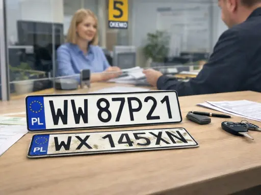 Tablice rejestracyjne WW 87P21 i WX 145XN leżą na biurku, obok kluczyków do samochodu i długopisu. W tle urzędniczka pomaga klientowi w procesie rejestracji.