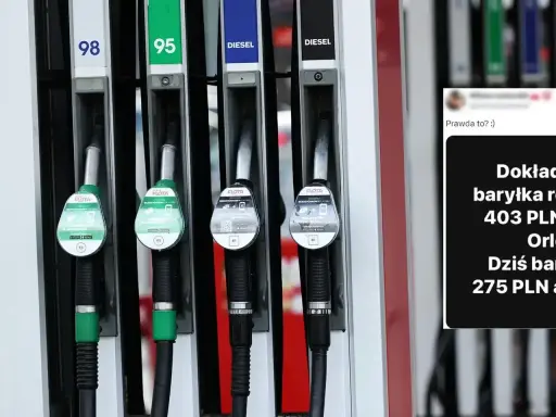 Stacja paliw z dystrybutorami benzyny 98, 95 i diesla. Obok tekst: "Dokładnie baryłka ropy 403 PLN. Orlen. Dziś baryłka 275 PLN".