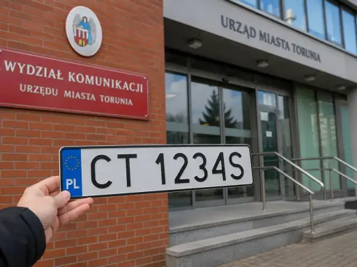 Tablica rejestracyjna CT 1234S przed Wydziałem Komunikacji Urzędu Miasta Torunia.