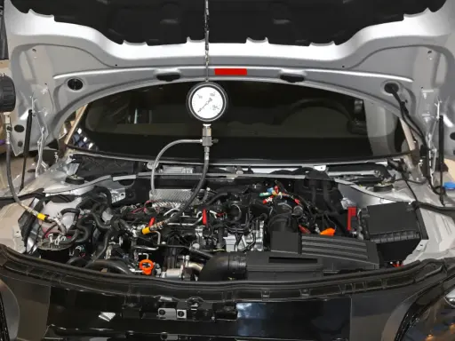Mechanik sprawdza ciśnienie sprężania diesel w silniku samochodu za pomocą manometru.