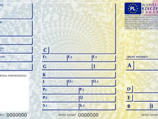 Dowód rejestracyjny pojazdu z polami do wypełnienia. Można tu sprawdzić dane pojazdu, co pomoże w procesie, jak sprawdzić numer rejestracyjny po VIN.