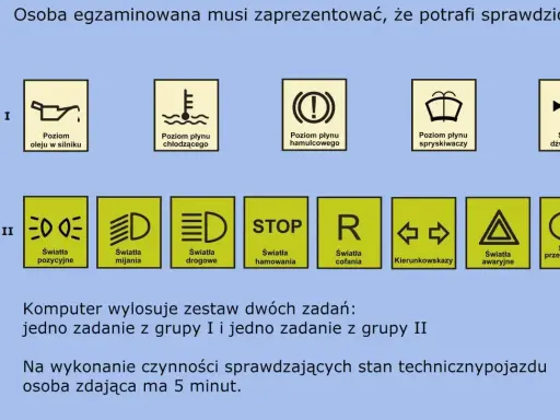 Egzamin na prawo jazdy kat A: sprawdzenie poziomu oleju, płynów, świateł i sygnału dźwiękowego.