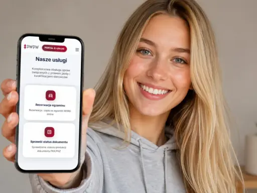 Uśmiechnięta kobieta trzyma telefon z aplikacją PWPW. Na ekranie widać opcję "Rezerwacja egzaminu" i "Zapis na egzamin WORD online".