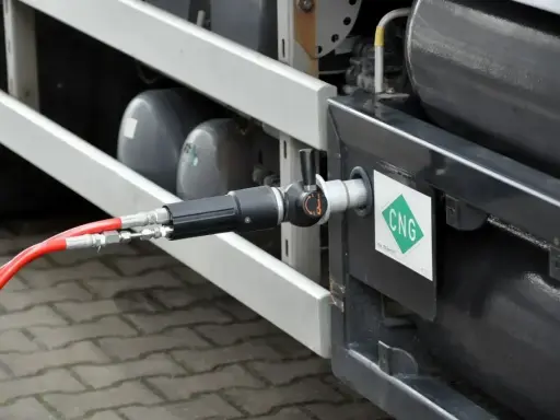 Tankowanie gazu CNG. Wąż podłączony do pojazdu z zielonym logo CNG. Gdzie tankować?