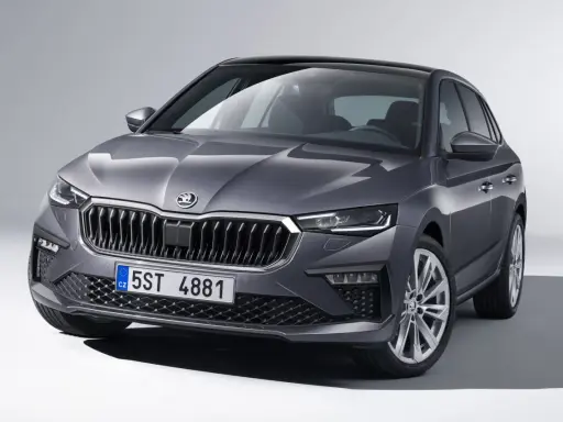 Szary samochód Skoda z charakterystycznym grillem i reflektorami LED. Widoczny segment c, czyli tylna część nadwozia, z przyciemnianymi szybami.