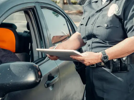 Policjant spisuje dane podczas kontroli drogowej, być może w związku z wymianą karty kierowcy.