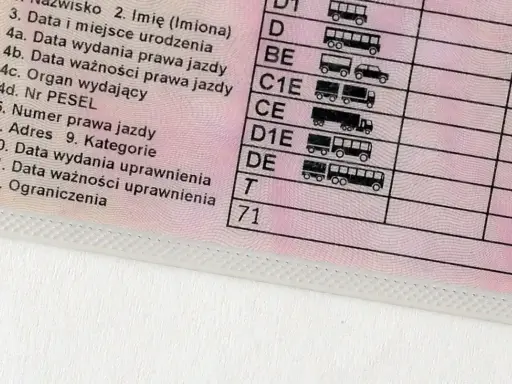 Fragment polskiego prawa jazdy z kategoriami pojazdów. Ktoś szuka zgubionego prawa jazdy, a tu widać tylko jego fragment.