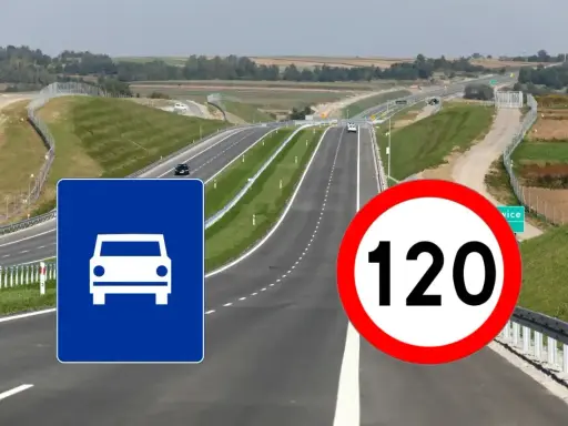 Droga ekspresowa z ograniczeniem prędkości do 120 km/h. Znak informuje o dopuszczalnej prędkości.