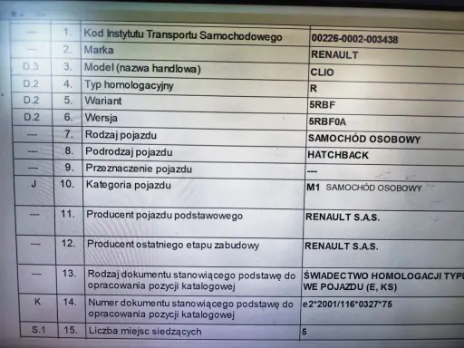 Dokument homologacja M1 dla Renault Clio, z danymi technicznymi i numerem świadectwa homologacji typu WE pojazdu.