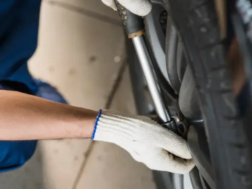 Mechanik w białej rękawiczce dokręca śruby koła kluczem dynamometrycznym. Ważne, by wiedzieć, ile nm dokręcać koła dla bezpieczeństwa.
