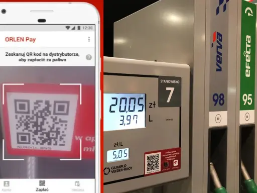 Aplikacja ORLEN Pay pokazuje kod QR do płatności za paliwo. Obok dystrybutor z cenami, sugerując, czy na Orlenie można płacić Blikiem.