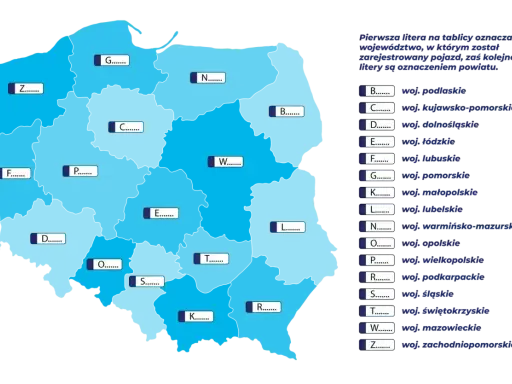 Mapa Polski z zaznaczonymi województwami i literami, które tworzą **nr rejestracyjny** pojazdu. Każda litera odpowiada konkretnemu województwu.