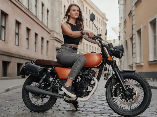 Kobieta na motocyklu 125, gotowa na jazdę po mieście. Jej prawo jazdy czeka na przygodę.