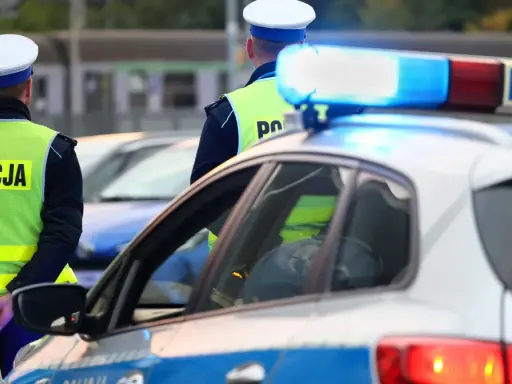 Policjanci w kamizelkach odblaskowych stoją przy radiowozie. Zastanawiasz się, ile można jechać poza terenem zabudowanym?