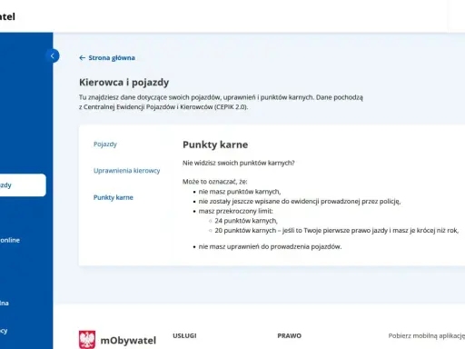 Gdzie sprawdzić punkty karne? Na stronie "Kierowca i pojazdy" w aplikacji mObywatel znajdziesz informacje o swoich punktach karnych z CEPIK.