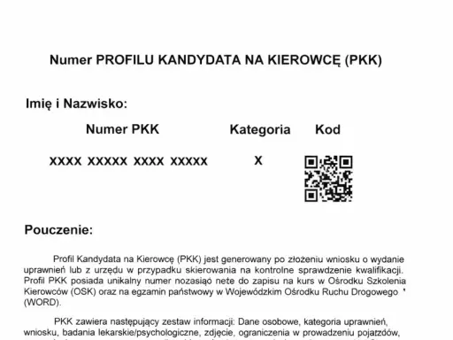 Numer PKK kandydata na kierowcę, kategoria X, kod QR. Dokument zawiera pouczenie o profilu PKK.