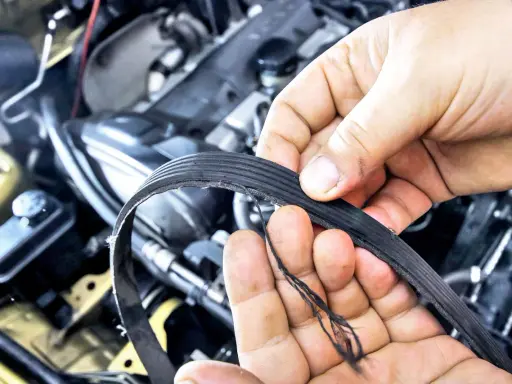 Uszkodzony pasek osprzętu, który wymaga wymiany, widać na dłoniach mechanika.