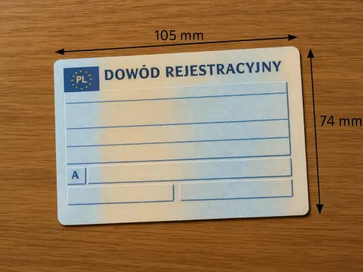 Dowód rejestracyjny ma wymiary 105 mm x 74 mm.