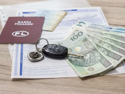 Karta pojazdu, kluczyki i polskie banknoty 100 zł leżą na dokumentach.