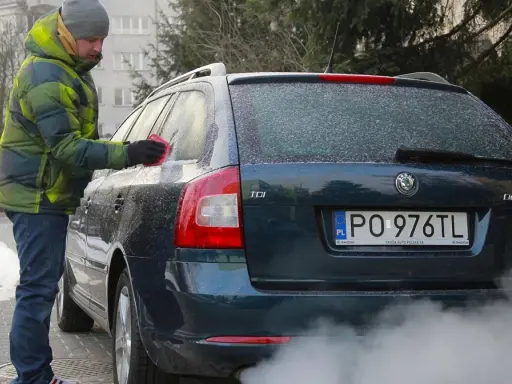 Mężczyzna w zimowej kurtce czyści zamarzniętą szybę auta. Dym z rury wydechowej sugeruje, że to diesel i właśnie próbuje się dowiedzieć, jak odpalić diesla w mroźny dzień.