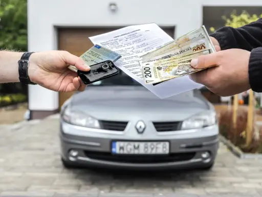 Transakcja kupna auta na dowód osobisty: dokumenty, kluczyki i pieniądze w rękach.