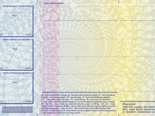 Sekcja "termin badania technicznego" z polami na datę i podpis, obok adnotacji urzędowych. Wskazuje na datę wydania dowodu rejestracyjnego.