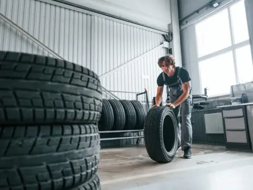 Mechanik w warsztacie przygotowuje opony zimowe przy 20 stopniach. Stosy opon czekają na wymianę.