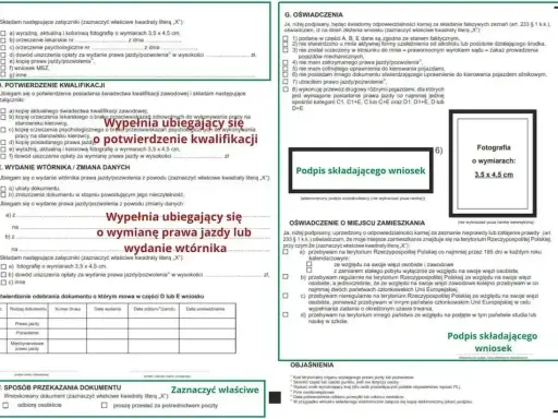 Formularz do odbioru prawa jazdy, wymiany dokumentu lub potwierdzenia kwalifikacji. Wypełnij go, aby złożyć wniosek.