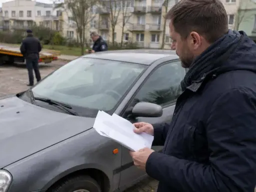 Mężczyzna czyta dokumenty przy samochodzie, zastanawiając się, jak odzyskać dowód rejestracyjny zatrzymany elektronicznie. W tle widać lawetę i policjantów.