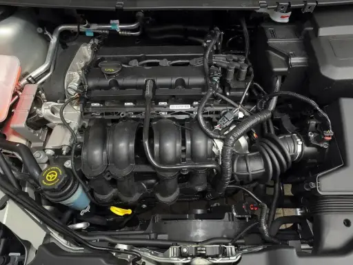 Silnik Ford Focus MK2, widok z góry. Widać kolektor dolotowy, przewody i zbiornik płynu wspomagania.