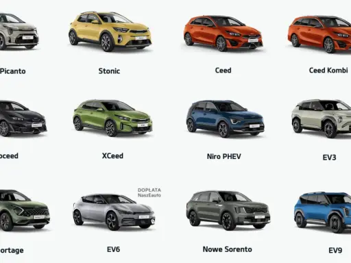 Różnorodne segmenty samochodów: od miejskich Picanto, przez crossovery Stonic, XCeed, Niro PHEV, Sportage, po elektryczne EV3, EV6, EV9 i kombi Ceed.