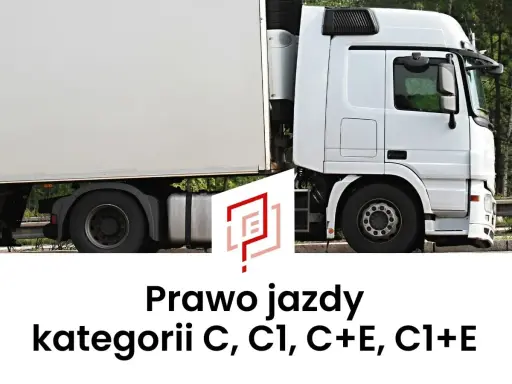 Biała ciężarówka z naczepą. Tekst: Prawo jazdy kategorii C, C1, C+E, C1+E.