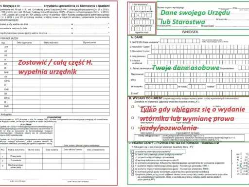 Wniosek o wydanie nowego prawa jazdy. Formularz zawiera dane urzędu, dane osobowe, informacje o wydanym dokumencie i kategoriach prawa jazdy.