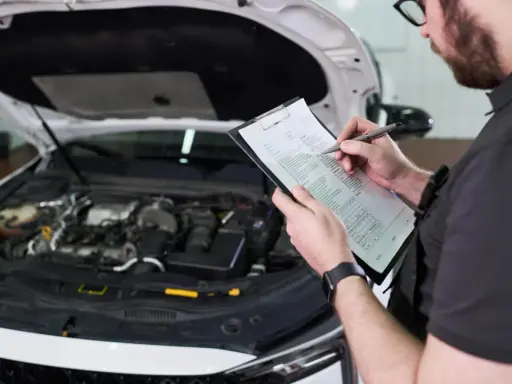 Mechanik sprawdza listę kontrolną przed przeglądem samochodu, zastanawiając się, ile kosztuje przegląd.