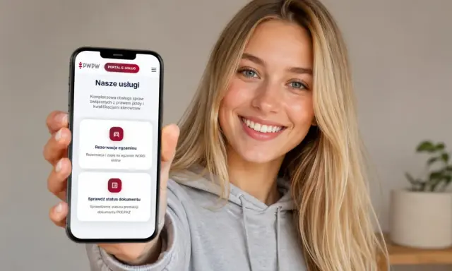 Uśmiechnięta kobieta trzyma telefon z aplikacją PWPW. Na ekranie widać opcję "Rezerwacja egzaminu" i "Zapis na egzamin WORD online".