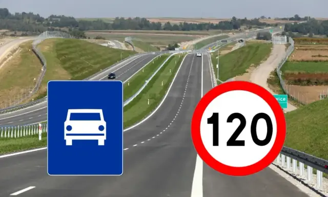 Droga ekspresowa z ograniczeniem prędkości do 120 km/h. Znak informuje o dopuszczalnej prędkości.