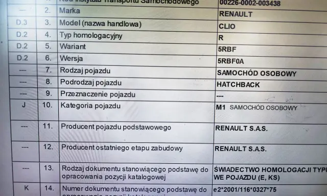 Dokument homologacja M1 dla Renault Clio, z danymi technicznymi i numerem świadectwa homologacji typu WE pojazdu.