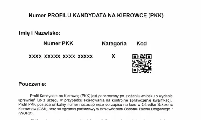 Numer PKK kandydata na kierowcę, kategoria X, kod QR. Dokument zawiera pouczenie o profilu PKK.