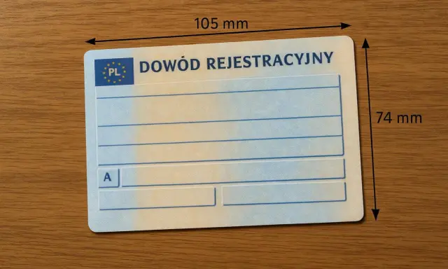 Dowód rejestracyjny ma wymiary 105 mm x 74 mm.