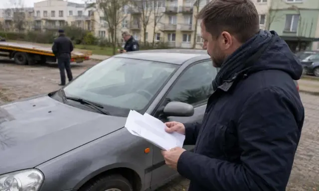 Mężczyzna czyta dokumenty przy samochodzie, zastanawiając się, jak odzyskać dowód rejestracyjny zatrzymany elektronicznie. W tle widać lawetę i policjantów.