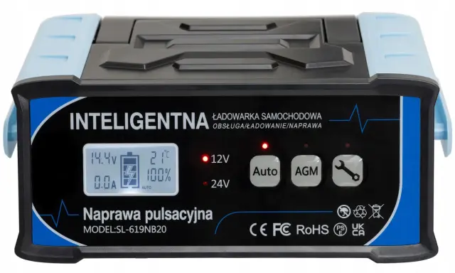 Inteligentna ładowarka samochodowa z wyświetlaczem, przyciskami Auto, AGM i ikoną klucza.