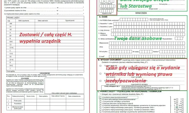 Formularz wniosku o wydanie dokumentu, gdzie zaznaczono: "Tylko gdy ubiegasz się o wydanie wtórnika lub wymianę prawa jazdy/pozwolenia".